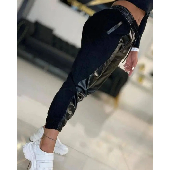 MARSiLYAN- Kadın Yüksek Bel Lastikli Cepli Deri Detaylı Dalgıç Pantolon