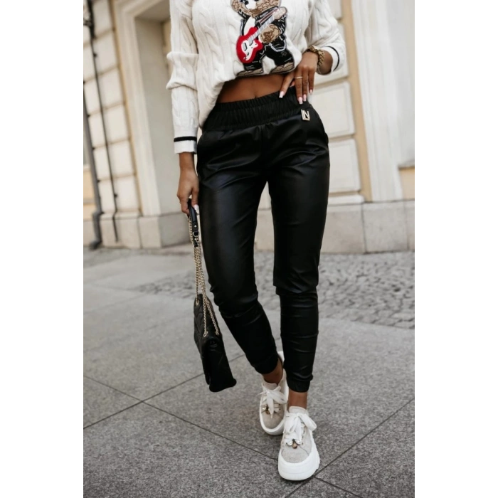 MARSiLYAN- Kadın Yüksek Bel Lastikli Cepli Deri Pantolon