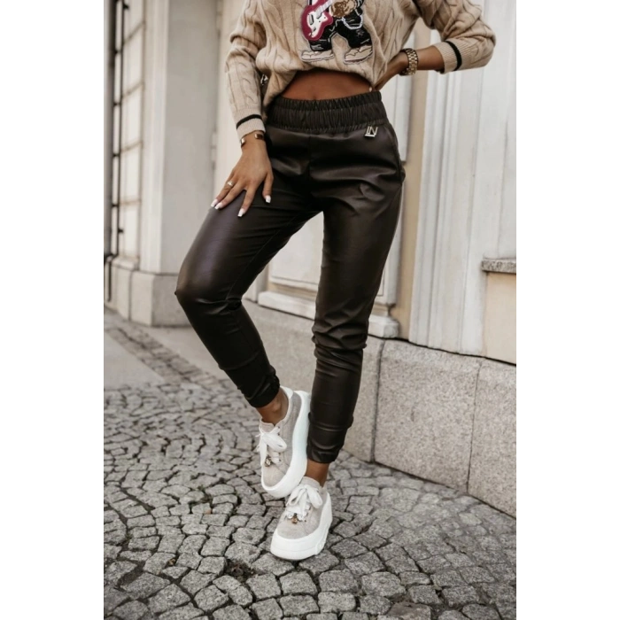 MARSiLYAN- Kadın Yüksek Bel Lastikli Cepli Deri Pantolon