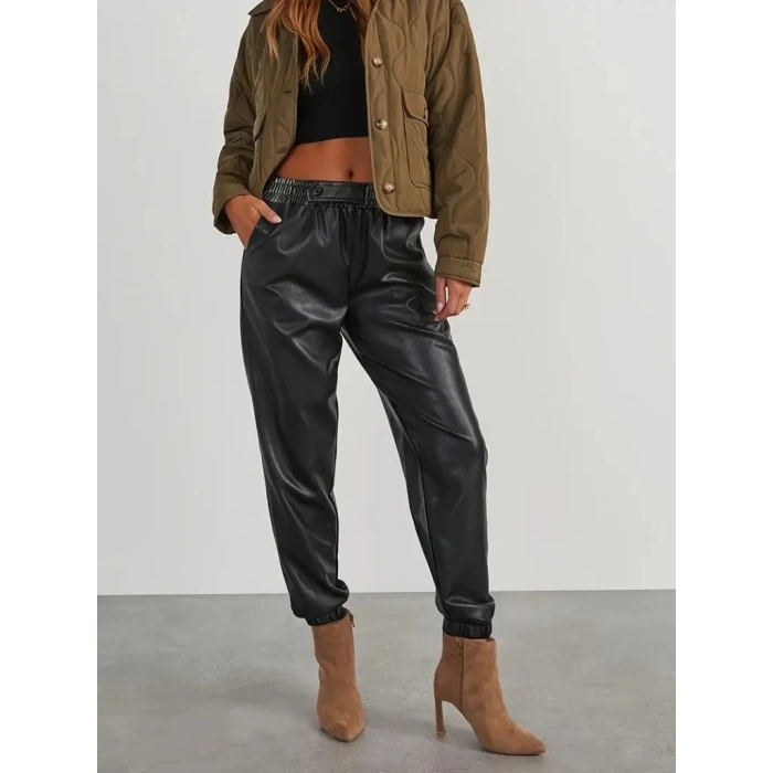 MARSiLYAN- Kadın Yüksek Bel Lastikli önü Düğmeli Deri Pantolon