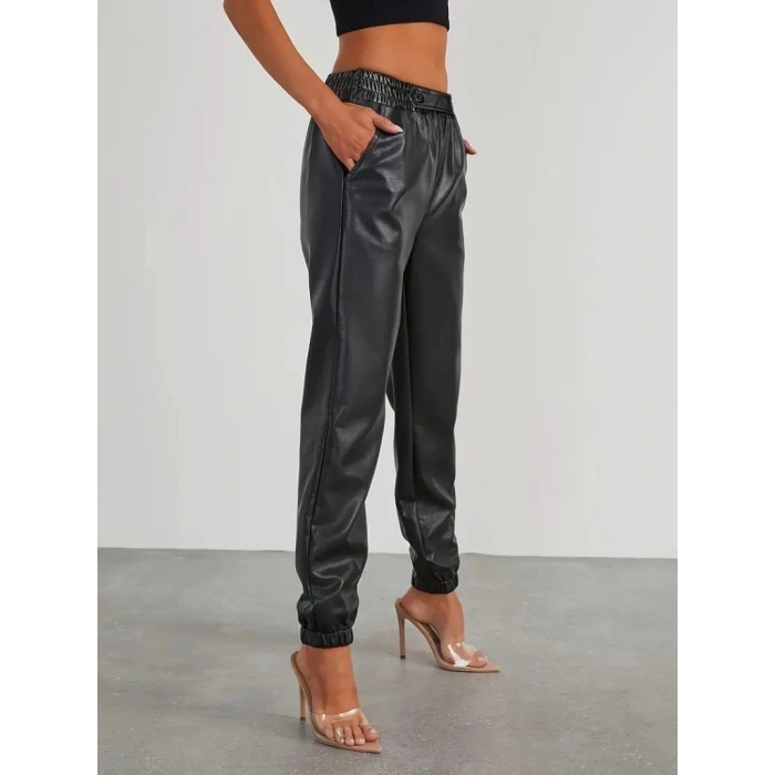 MARSiLYAN- Kadın Yüksek Bel Lastikli önü Düğmeli Deri Pantolon
