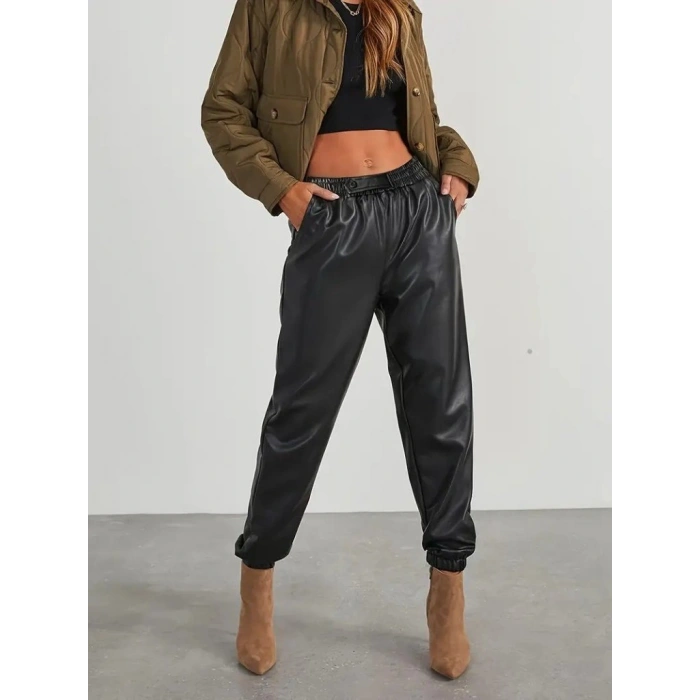 MARSiLYAN- Kadın Yüksek Bel Lastikli önü Düğmeli Deri Pantolon