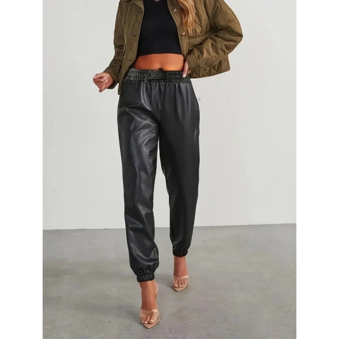 MARSiLYAN- Kadın Yüksek Bel Lastikli önü Düğmeli Deri Pantolon