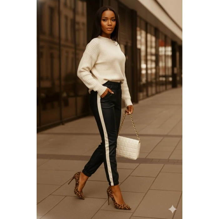 MARSiLYAN- Kadın Yüksek Bel Lastikli Yan şerit Detaylı Deri Pantolon