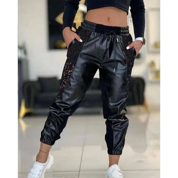 MARSiLYAN- Kadın Yüksek Bel Lastikli Yanda Dantel Detaylı Bağcıklı Deri Pantolon