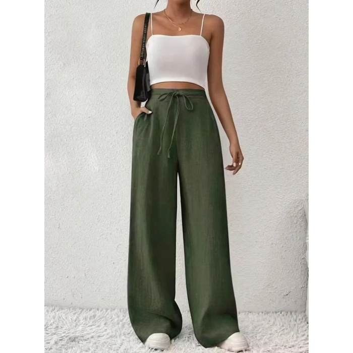 MARSiLYAN- Kadın Yüksek Bel önden Bağlamalı Geniş Kesim Detaylı Uzun Pantolon