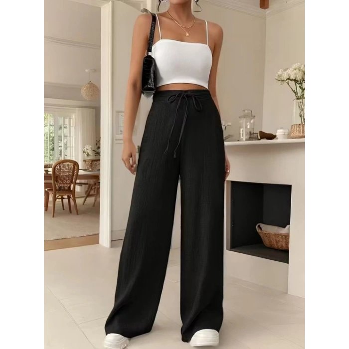 MARSiLYAN- Kadın Yüksek Bel önden Bağlamalı Geniş Kesim Detaylı Uzun Pantolon