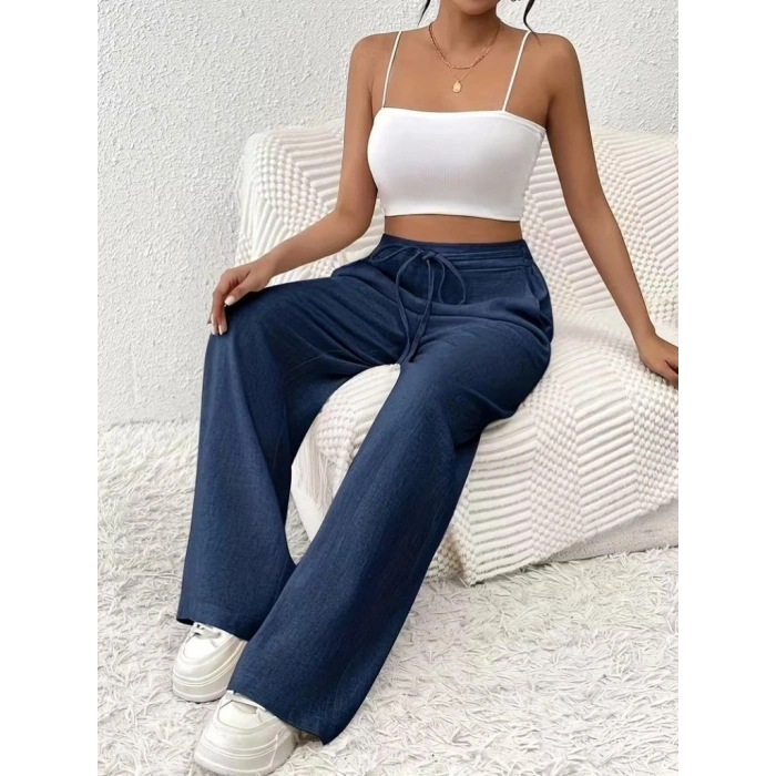 MARSiLYAN- Kadın Yüksek Bel önden Bağlamalı Geniş Kesim Keten Pantolon