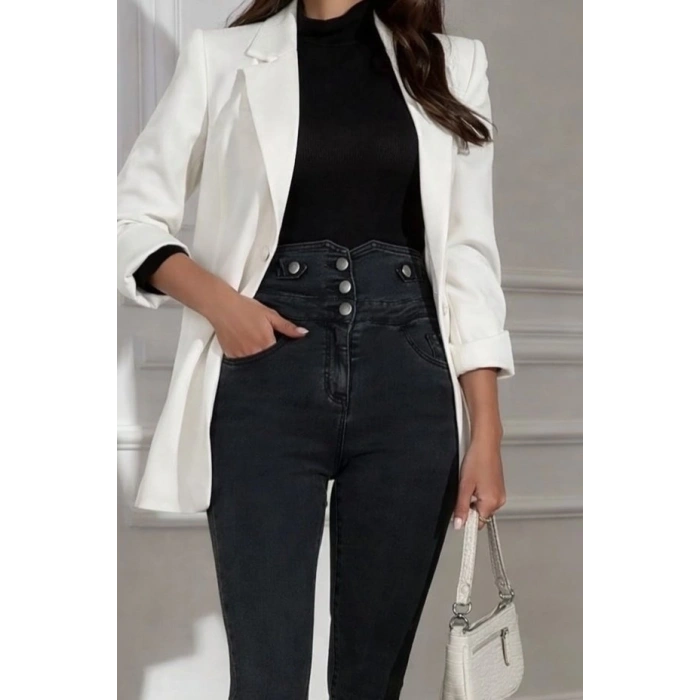 MARSiLYAN- Kadın Yüksek Bel önden Düğmeli Cepli Dar Kesim Detaylı Kot Pantolon