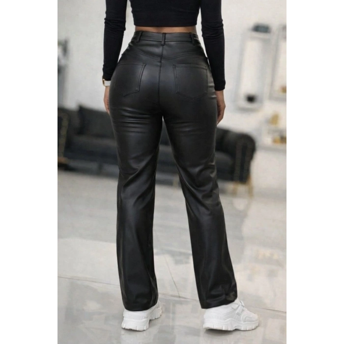 MARSiLYAN- Kadın Yüksek Bel önden Düğmeli Deri Pantolon