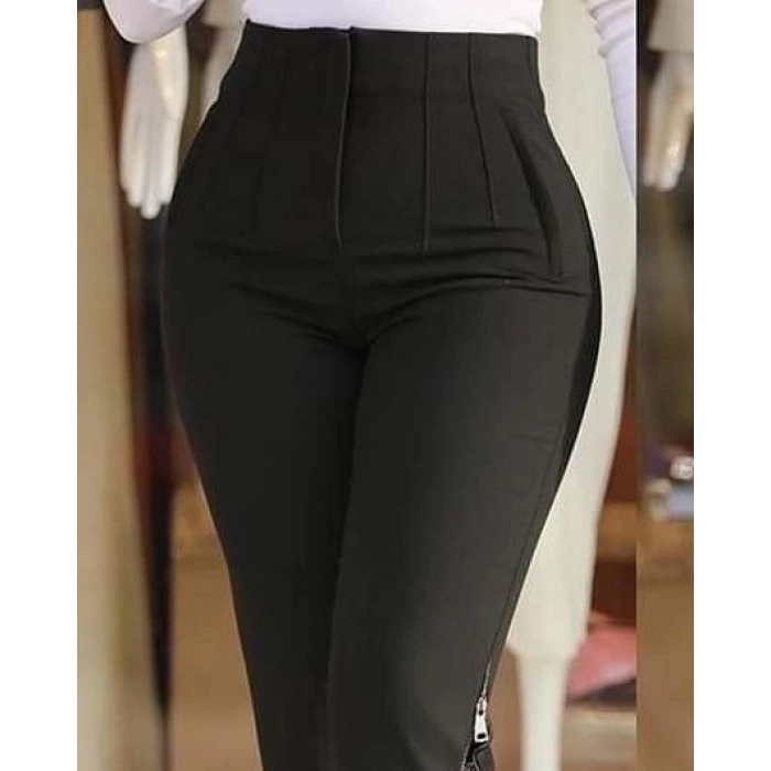 MARSiLYAN- Kadın Yüksek Bel önden Nervürlü Ve Fermuarlı Yandan Dantelli Ithal Krep Pantolon