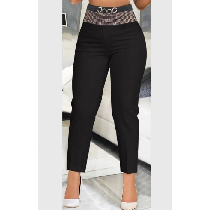 MARSiLYAN- Kadın Yüksek Bel önden Taşlı Ve Tokalı Ithal Krep Pantolon