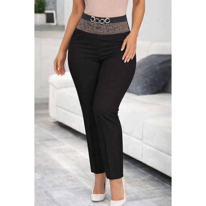 MARSiLYAN- Kadın Yüksek Bel önden Taşlı Ve Tokalı Ithal Krep Pantolon