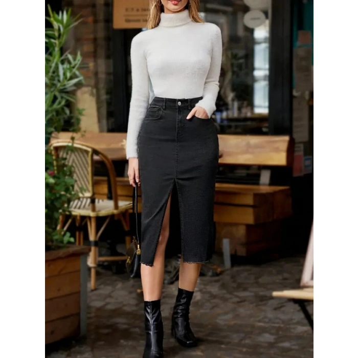 MARSiLYAN- Kadın Yüksek Bel önden Yırtmaçlı Cepli Midi Kot Etek