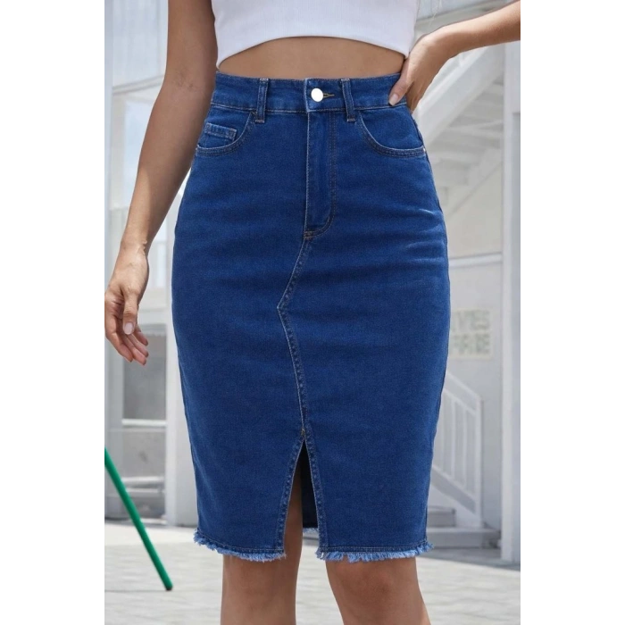 MARSiLYAN- Kadın Yüksek Bel önden Yırtmaçlı Kısa Kot Etek