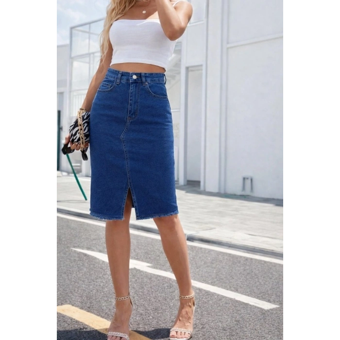 MARSiLYAN- Kadın Yüksek Bel önden Yırtmaçlı Kısa Kot Etek