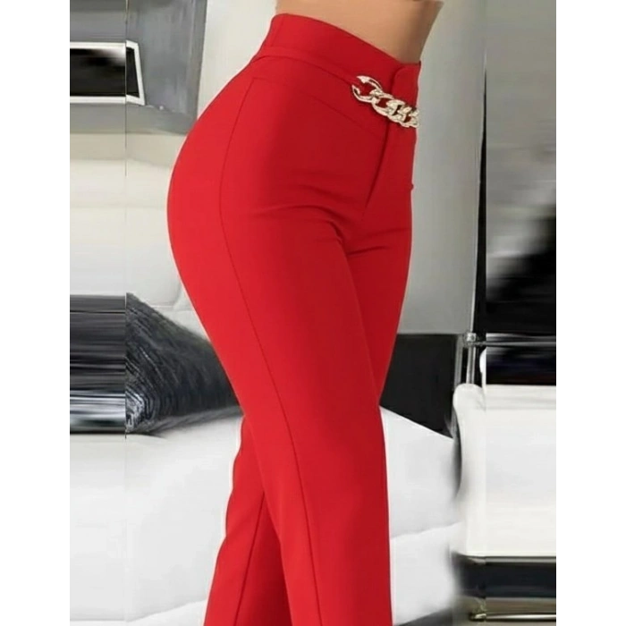 MARSiLYAN- Kadın Yüksek Bel önden Zincir Detaylı Ithal Krep Pantolon