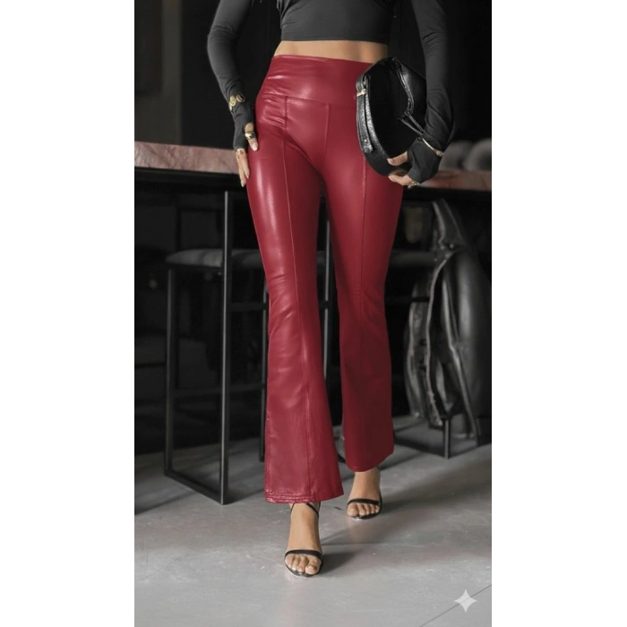 MARSiLYAN- Kadın Yüksek Bel Paçaya Doğru Geniş Deri Pantolon