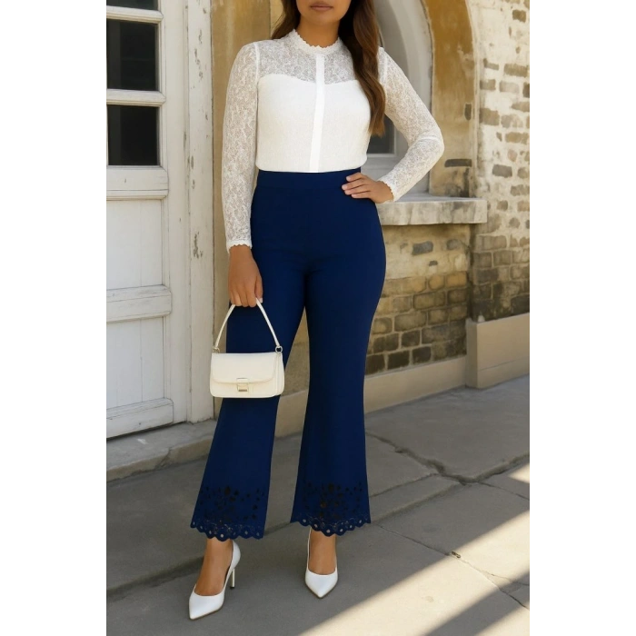 MARSiLYAN- Kadın Yüksek Bel Paçaya Doğru Genişleyen Lazer çiçek Kesim Detaylı Ithal Krep Pantolon