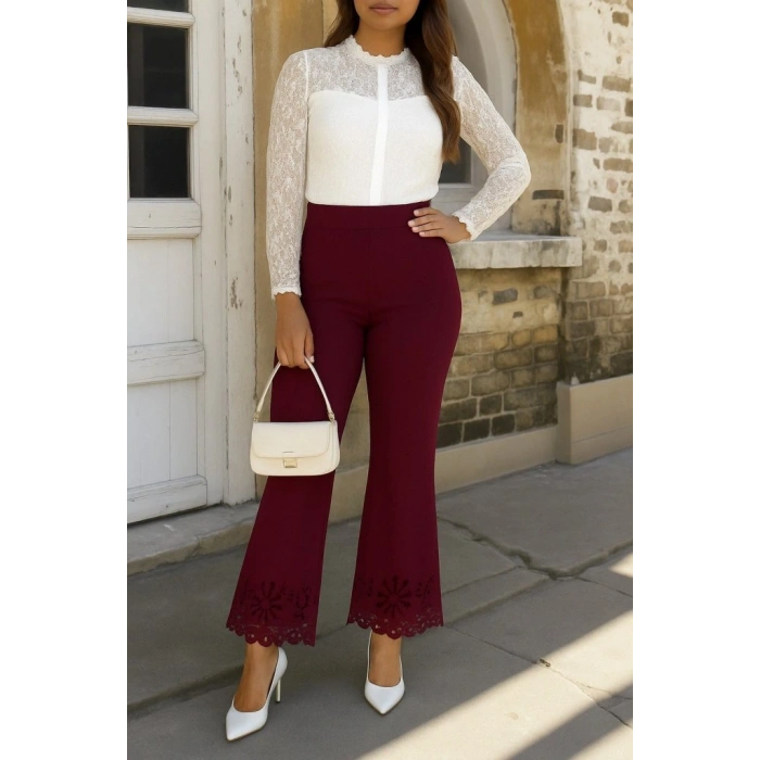 MARSiLYAN- Kadın Yüksek Bel Paçaya Doğru Genişleyen Lazer çiçek Kesim Detaylı Ithal Krep Pantolon