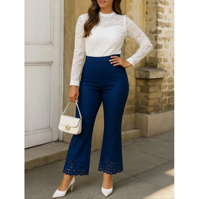 MARSiLYAN- Kadın Yüksek Bel Paçaya Doğru Genişleyen Lazer çiçek Kesim Detaylı Ithal Krep Pantolon