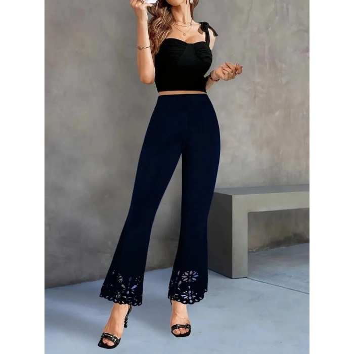 MARSiLYAN- Kadın Yüksek Bel Paçaya Doğru Genişleyen Lazer çiçek Kesim Detaylı Ithal Krep Pantolon