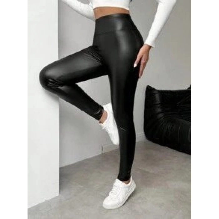 MARSiLYAN- Kadın Yüksek Bel şardonlu Parlak Deri Tayt