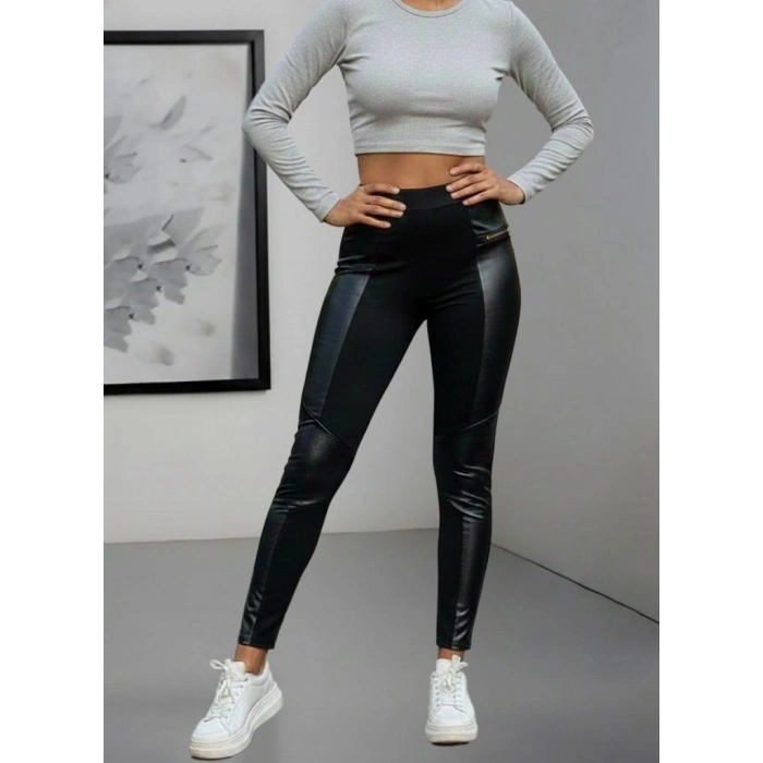 MARSiLYAN- Kadın Yüksek Bel Yan şerit Deri Detay Fermuarlı Dalgıç Tayt