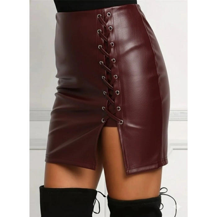 MARSiLYAN- Kadın Yüksek Bel Yandan çapraz Bağcıklı Yırtmaçlı Mini Deri Etek