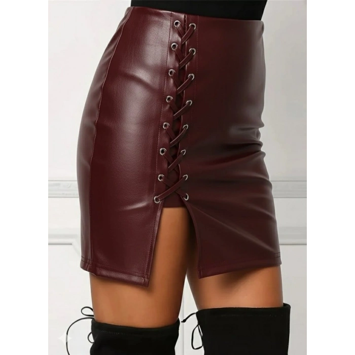 MARSiLYAN- Kadın Yüksek Bel Yandan çapraz Bağcıklı Yırtmaçlı Mini Deri Etek