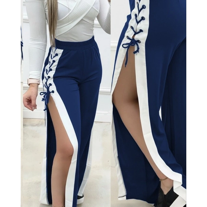 MARSiLYAN- Kadın Yüksek Bel Yandan çapraz Bağcıklı Yırtmaçlı Viskon Iki Iplik Pantolon