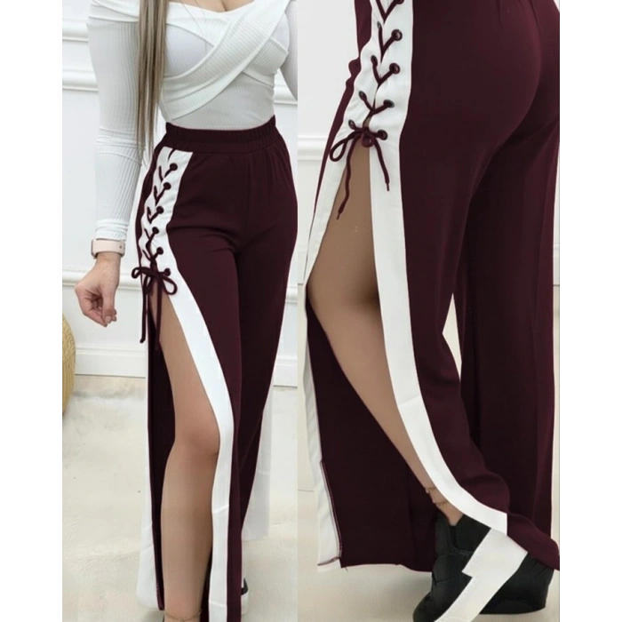 MARSiLYAN- Kadın Yüksek Bel Yandan çapraz Bağcıklı Yırtmaçlı Viskon Iki Iplik Pantolon