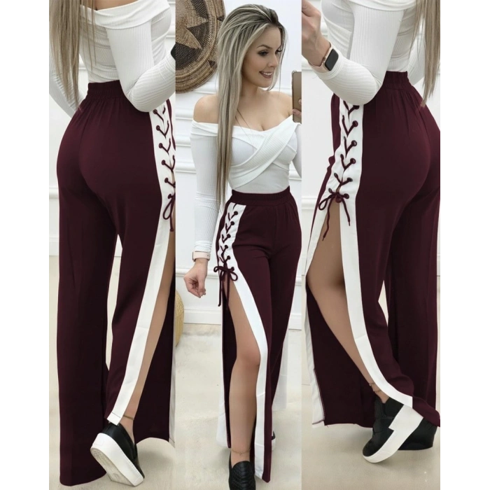 MARSiLYAN- Kadın Yüksek Bel Yandan çapraz Bağcıklı Yırtmaçlı Viskon Iki Iplik Pantolon