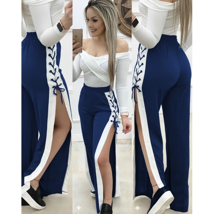 MARSiLYAN- Kadın Yüksek Bel Yandan çapraz Bağcıklı Yırtmaçlı Viskon Iki Iplik Pantolon