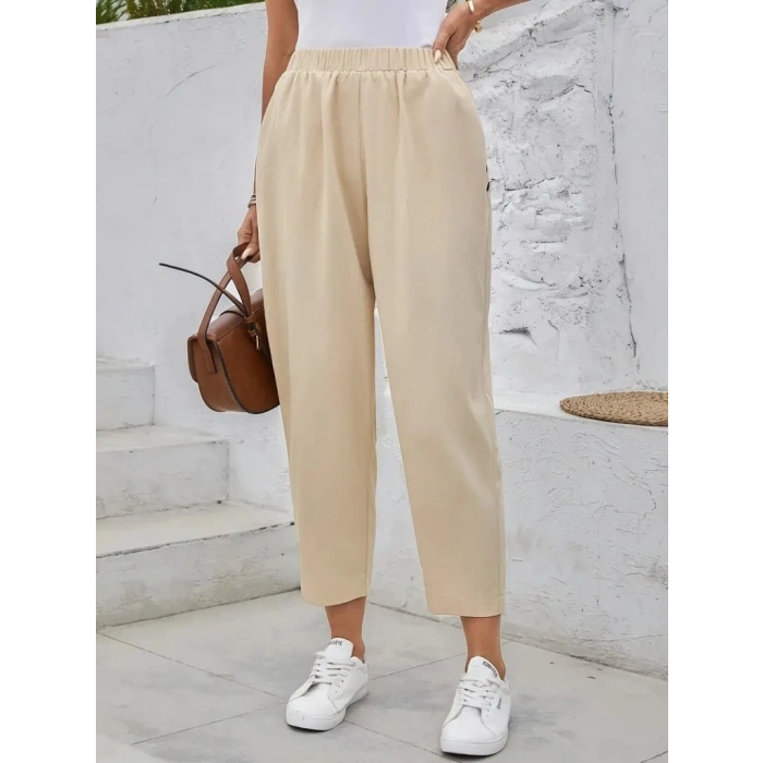 MARSiLYAN- Kadın Yüksek Bel Yandan Cepli Düğme Detaylı Geniş Kesim Ithal Krep Pantolon