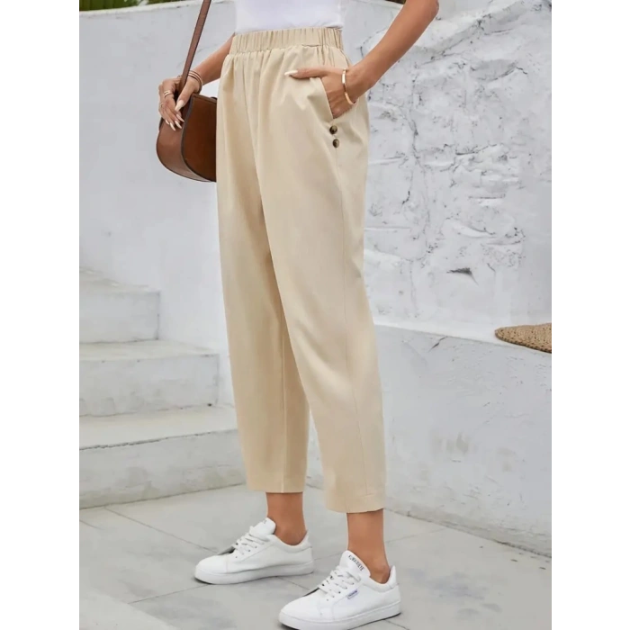 MARSiLYAN- Kadın Yüksek Bel Yandan Cepli Düğme Detaylı Geniş Kesim Ithal Krep Pantolon