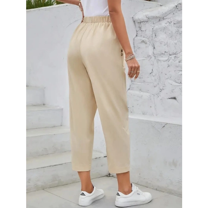 MARSiLYAN- Kadın Yüksek Bel Yandan Cepli Düğme Detaylı Geniş Kesim Ithal Krep Pantolon