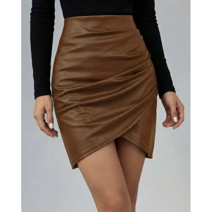 MARSiLYAN- Kadın Yüksek Bel Yandan Fermuarlı Pileli Mini Deri Etek