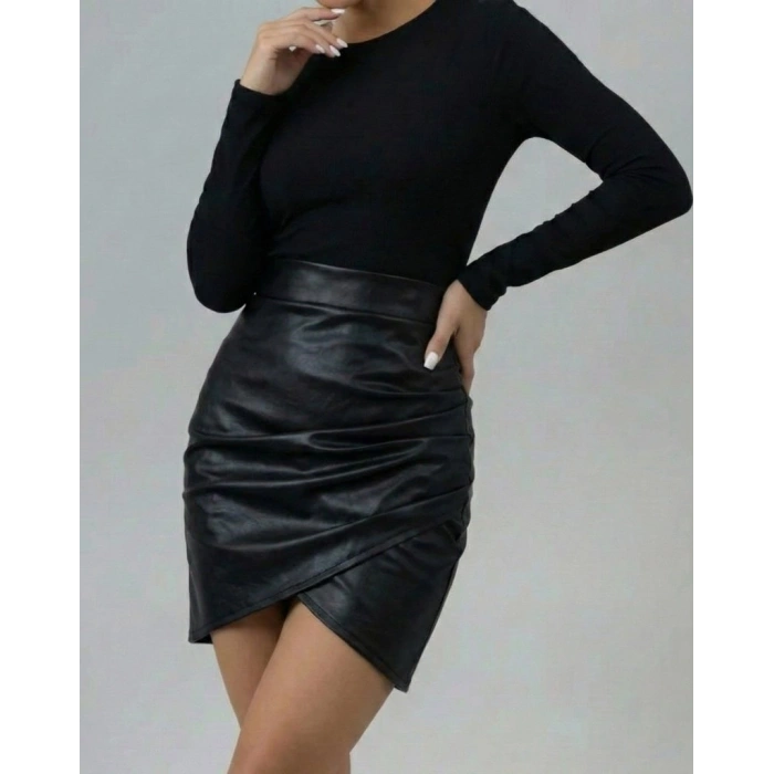 MARSiLYAN- Kadın Yüksek Bel Yandan Fermuarlı Pileli Mini Deri Etek