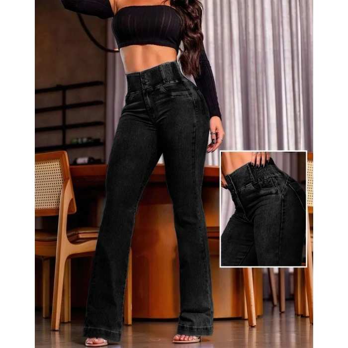 MARSiLYAN- Kadın Yüksek Bel Yanları Lastik önü Düğmeli Kot Pantolon