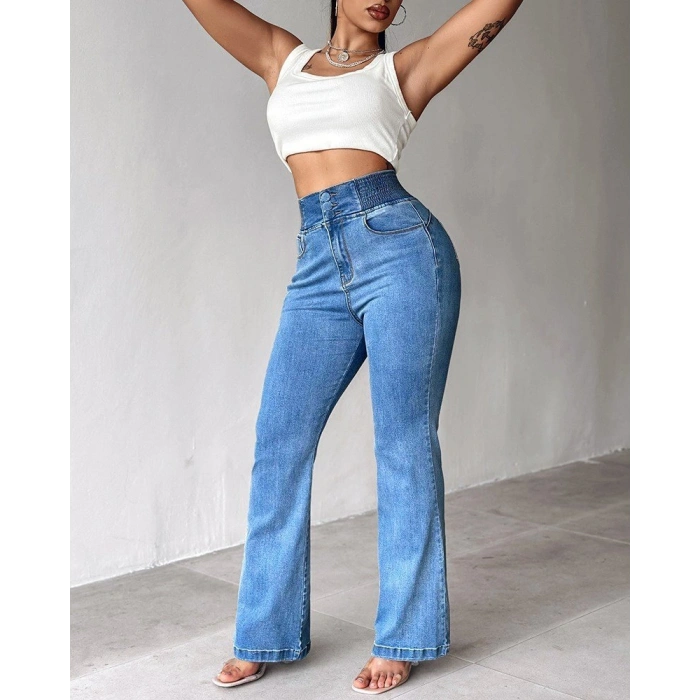 MARSiLYAN- Kadın Yüksek Bel Yanları Lastik önü Düğmeli Kot Pantolon