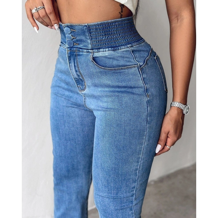 MARSiLYAN- Kadın Yüksek Bel Yanları Lastik önü Düğmeli Kot Pantolon