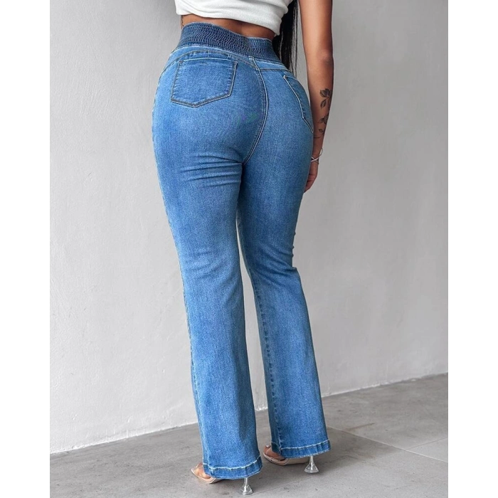 MARSiLYAN- Kadın Yüksek Bel Yanları Lastik önü Düğmeli Kot Pantolon