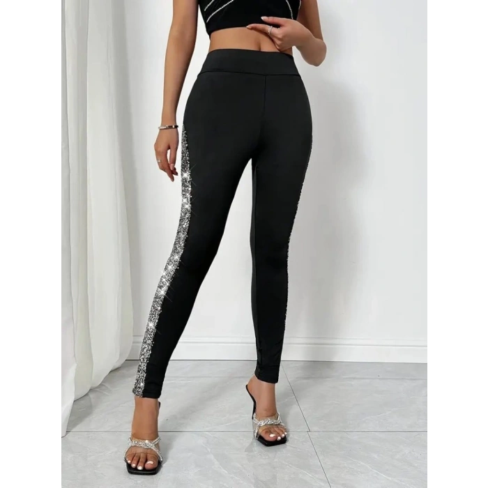 MARSiLYAN- Kadın Yüksek Bel Yarı şerit Pul Payetli Dalgıç Tayt