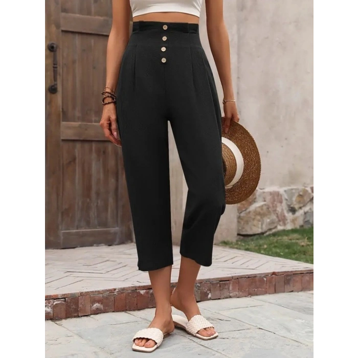 MARSiLYAN- Kadın Yüksek Belli önden Düğmeli Ithal Keten Pantolon