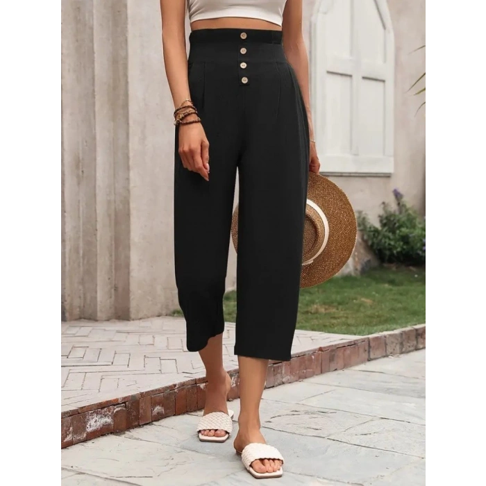 MARSiLYAN- Kadın Yüksek Belli önden Düğmeli Ithal Keten Pantolon