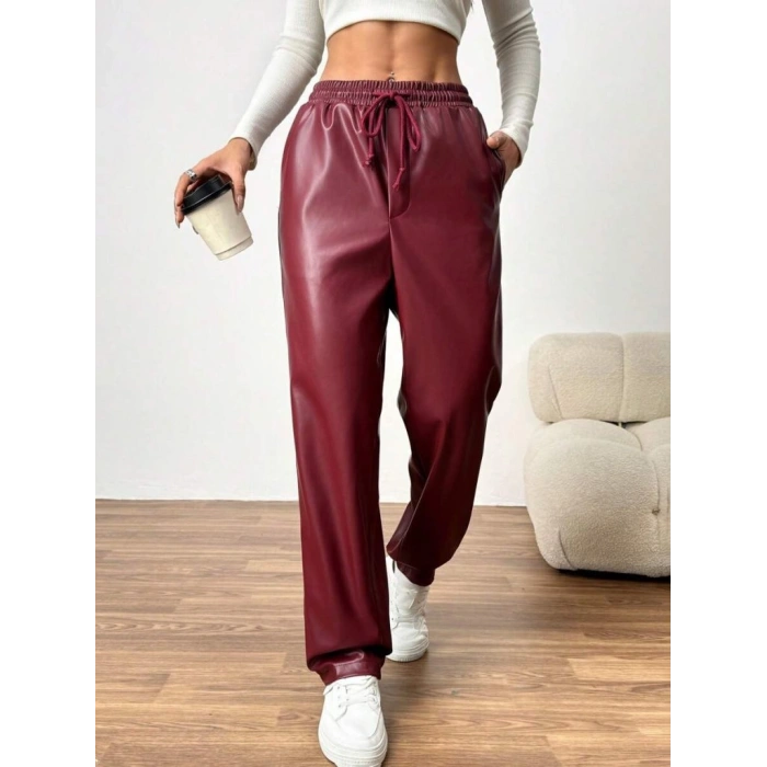 MARSiLYAN- Kadın Yüksel Bel Bağcıklı Deri Pantolon