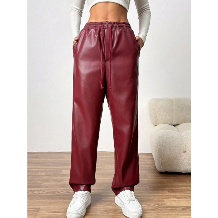 MARSiLYAN- Kadın Yüksel Bel Bağcıklı Deri Pantolon