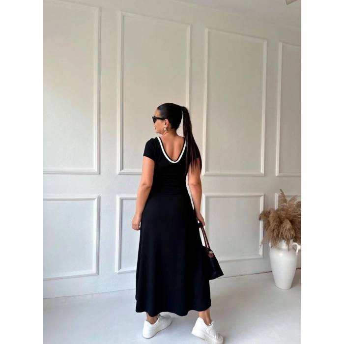 MARSiLYAN- Kadın Yuvarlak Ribana Yaka Beyaz Yırtmaç Detaylı Viskon Tam Boy Elbise