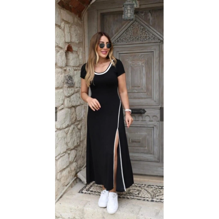 MARSiLYAN- Kadın Yuvarlak Ribana Yaka Beyaz Yırtmaç Detaylı Viskon Tam Boy Elbise